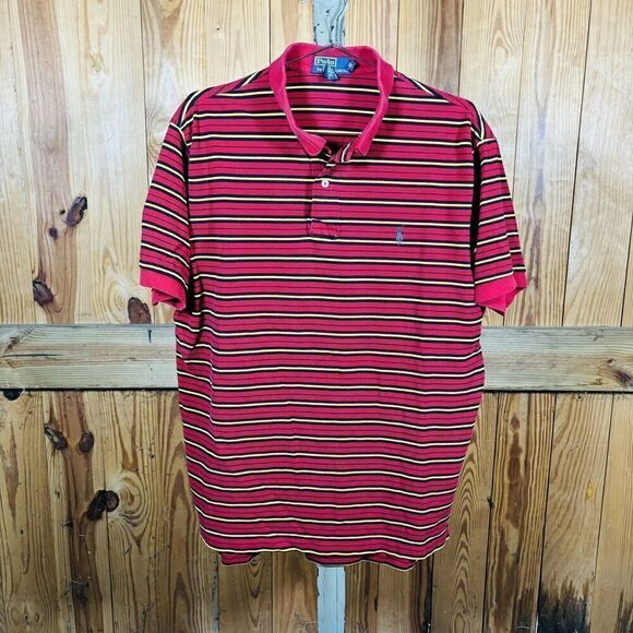 POLO RALPH LAUREN Shirt Mens XL Red Yellow Golf Polo Striped Short Sleeve - Picture 1 of 5